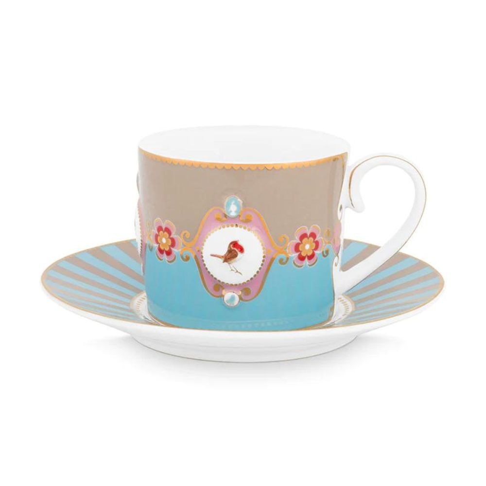 Pip Studio - tazza con piattino love birds in porcellana blu/cachi 200 ml