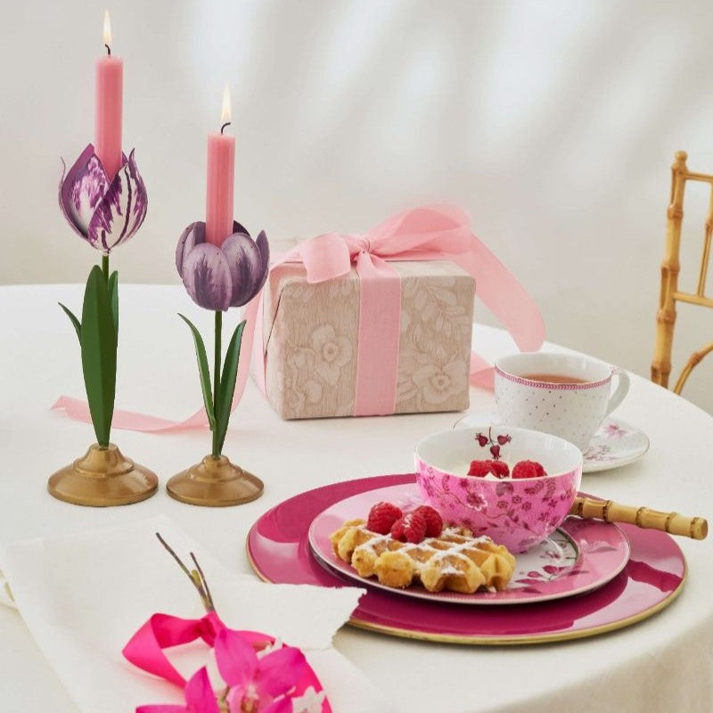 Pip Studio - Set 2 portacandela in metallo fantasia tulipano viola