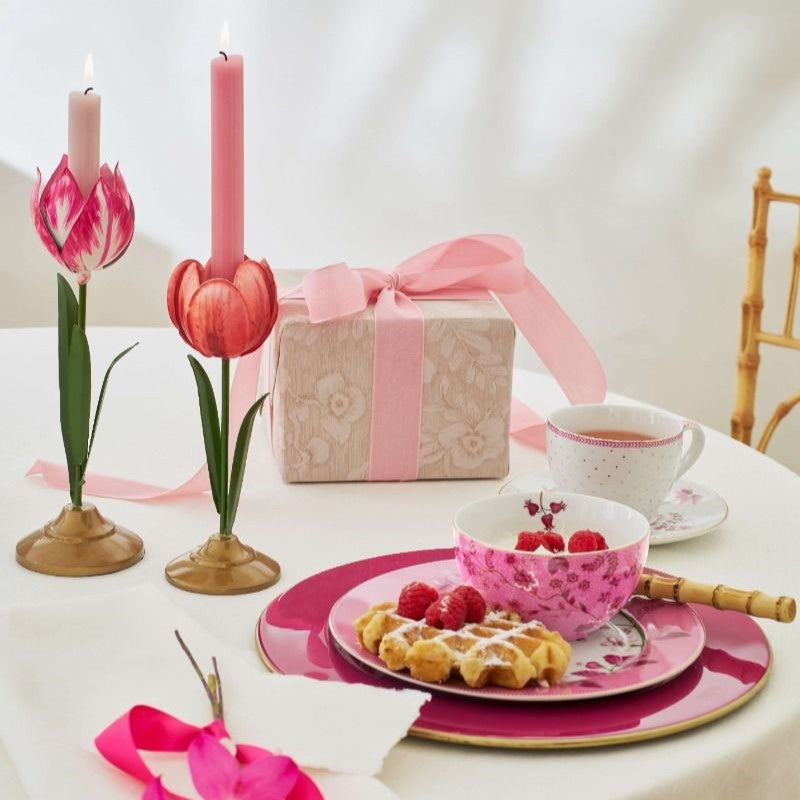 Pip Studio - Set 2 portacandela in metallo fantasia tulipano rosa