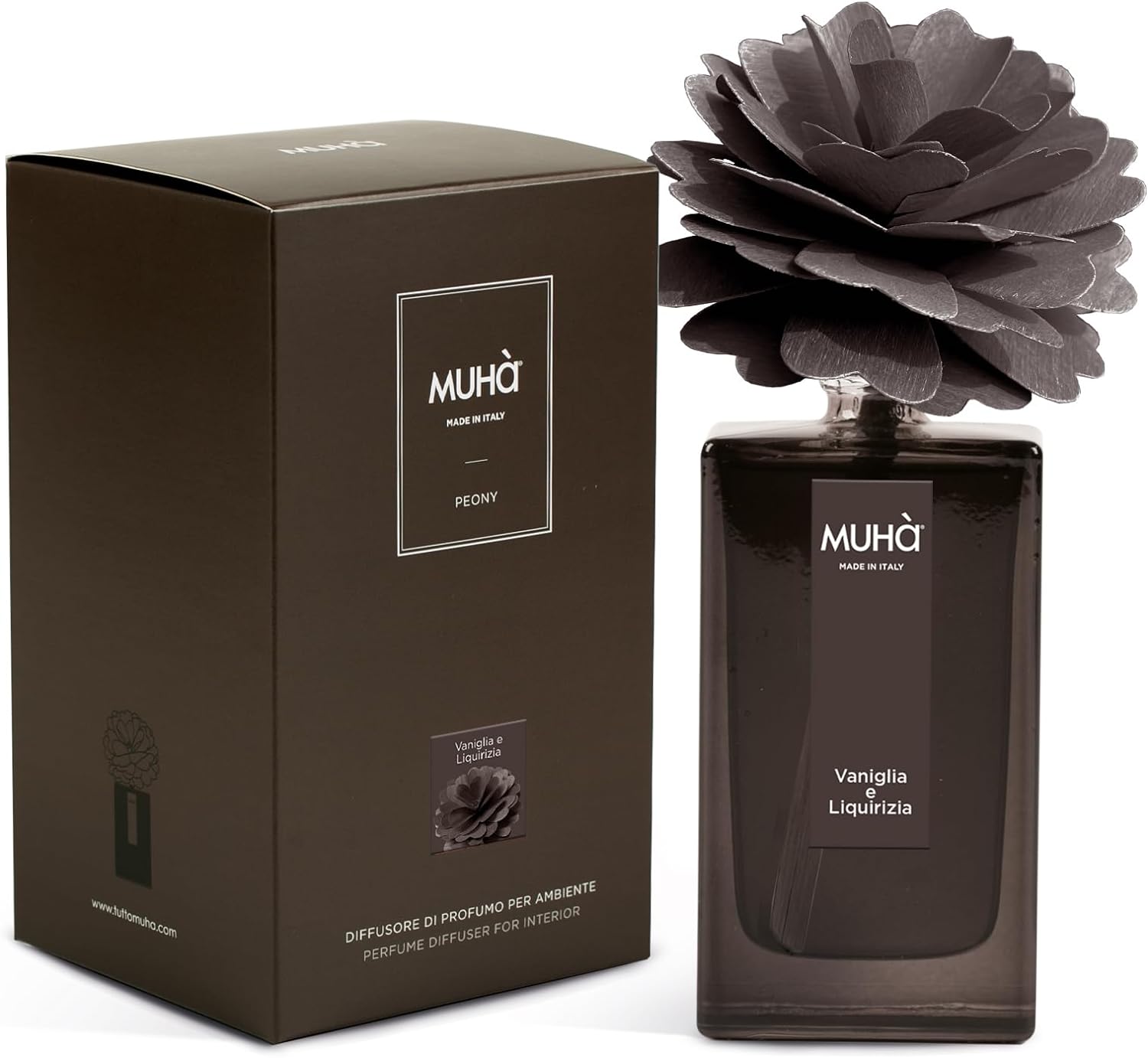 Muhà - profumatore d'ambiente peonia diffuser - vaniglia e liquirizia 100 ml