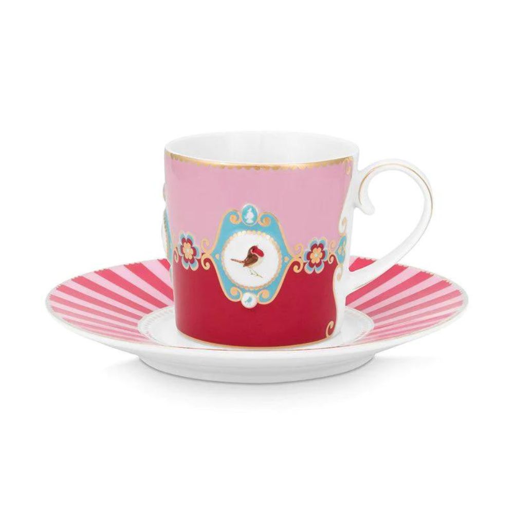Pip Studio - Tazza con piattino Love Birds in porcellana Rosso/Rosa 200 ml