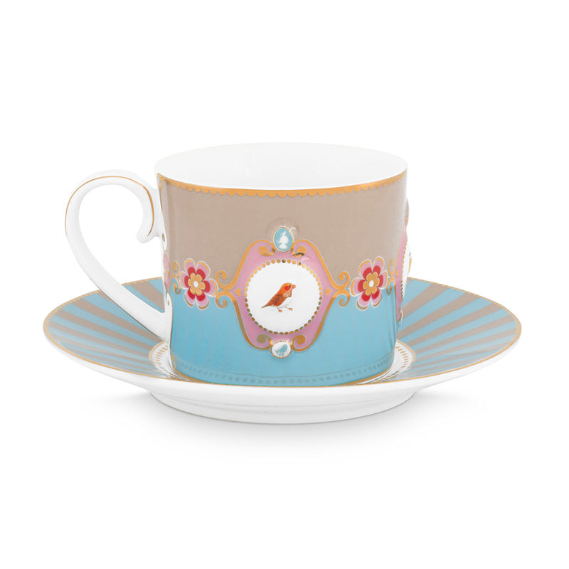 Pip Studio - tazza con piattino love birds in porcellana blu/cachi 200 ml