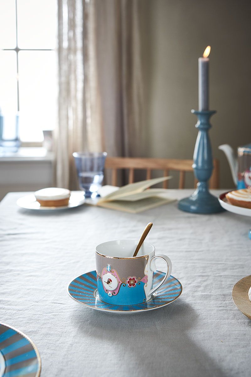 Pip Studio - tazza con piattino love birds in porcellana blu/cachi 200 ml