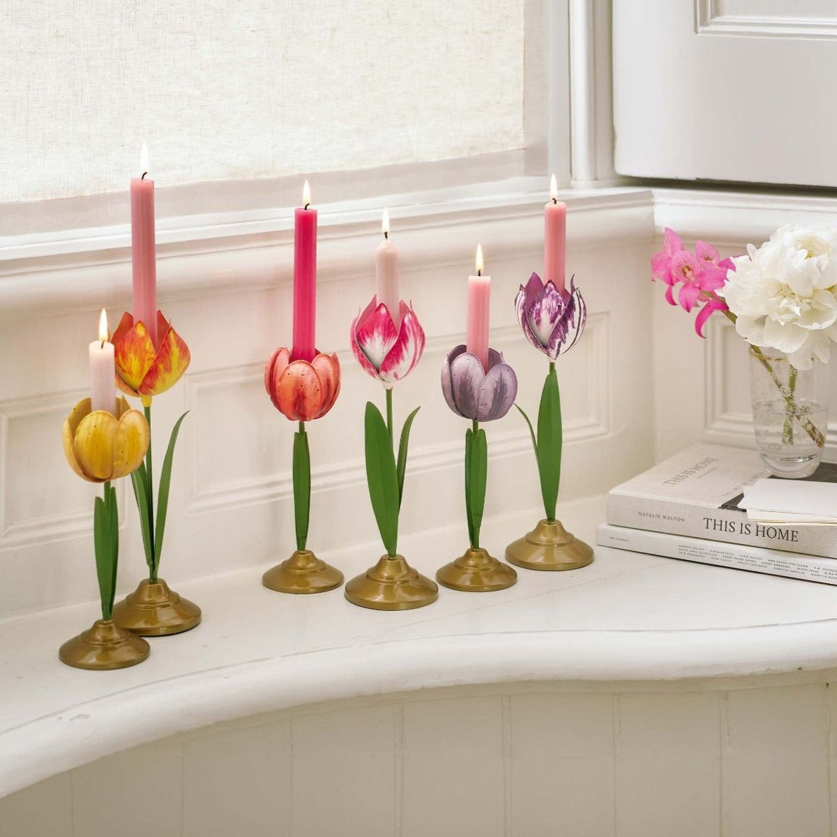 Pip Studio - Set 2 portacandela in metallo fantasia tulipano rosa