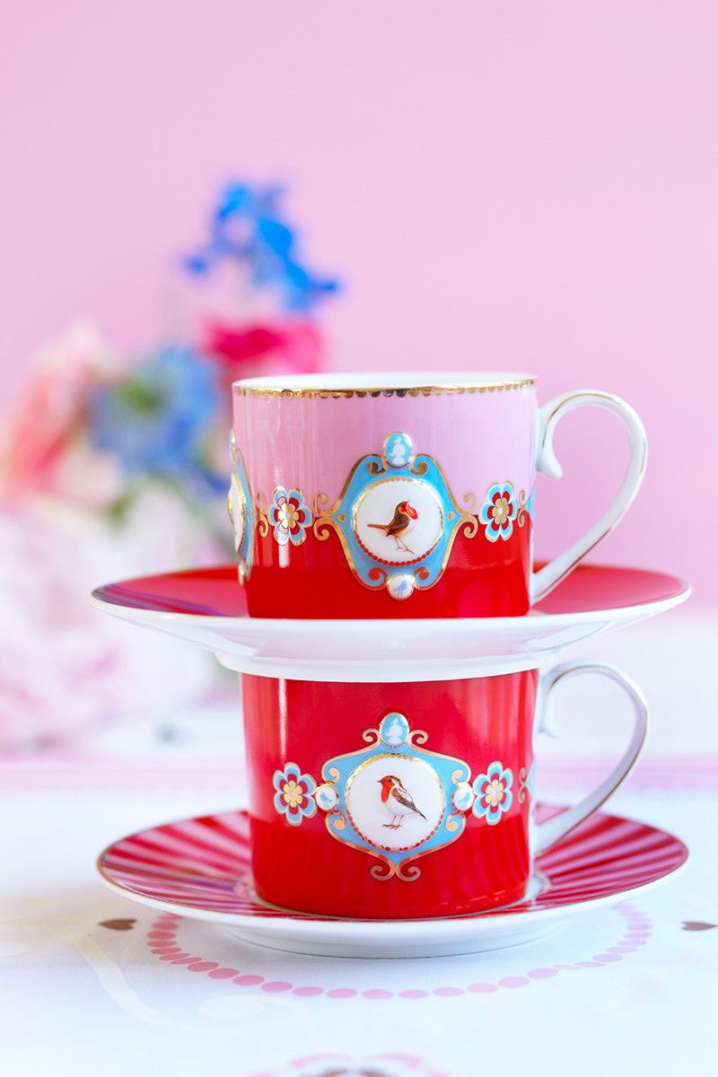 Pip Studio - Tazza Love Birds piccola in porcellana rossa/rosa 150ml